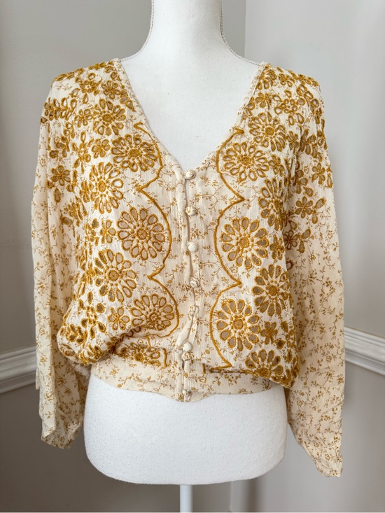lovestitch Tops - lovestitch Cream Blouse with Mustard Floral Embroidery Size M NWT